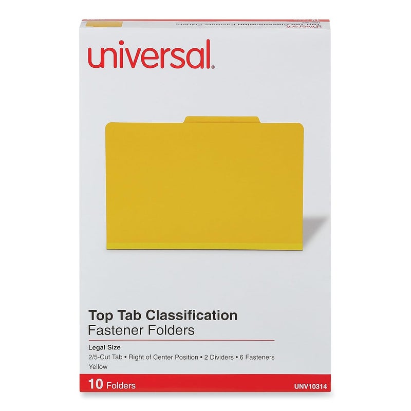 Universal Bright Colored pressboard Classification folders, 2" Expansion, 2 dividers, 6 Fasteners, Legal Size, Yellow Exterior, 10/Box - Image 2